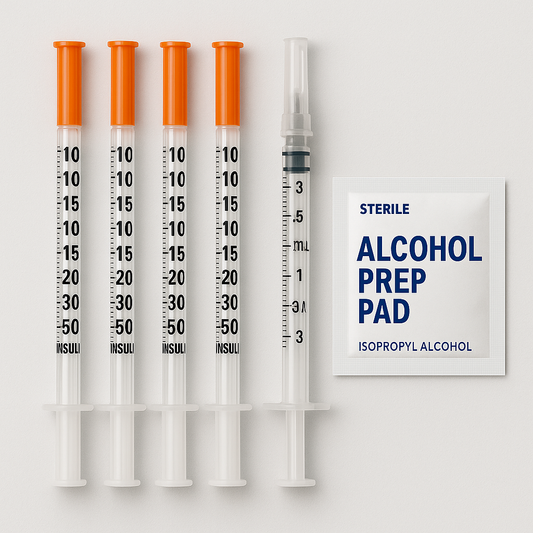 Four medical syringes with orange caps and a sterile alcohol prep pad on a white background