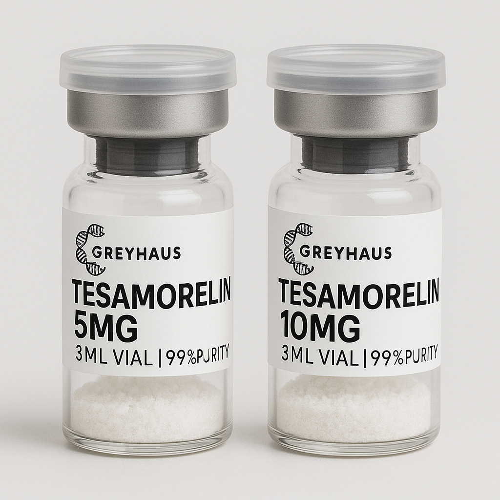 Two vials labeled 'Greyhaus Tesamorelin' with different dosages on a white background.